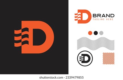 bold D letter logo using wave shape suitable for sports, food, coffee brands with logo variations and pattern for branding designs