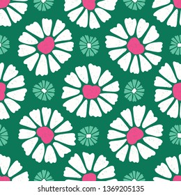 Bold  daisy flower bloom seamless pattern. Stylized 50s retro floral all over print. Pretty feminine fashion style. Trendy scrapbooking paper, wallpaper, garden stationery backdrop. Green, pink, white