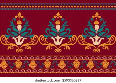 Bold damask border in rich red and teal with floral elements and ornate flourishes. Perfect for statement designs, packaging, and home decor. High-resolution vector artwork.