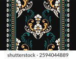 Bold damask pattern on black with vibrant gold and teal floral motifs, framed by decorative borders. Ideal for fashion, interior design, invitations, or branding.