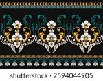 Bold damask pattern on black with vibrant gold and teal floral motifs, framed by decorative borders. Ideal for fashion, interior design, invitations, or branding.