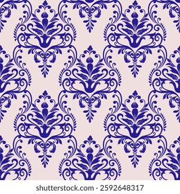 Bold damask pattern in vibrant royal blue with detailed floral motifs on a pale pink backdrop. Ideal for textiles, stationery, home decor, event design, and luxurious branding projects.