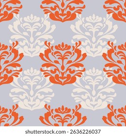 Bold damask pattern in vivid orange and cream on a soft lavender background. A modern twist on a classic motif, perfect for contemporary textiles and interior designs.