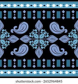 Padrão de faixa de damasco negrito com elementos barrocos em preto, azul, turquesa. Luxo Delicado Alma Exótica e Espírito Grande para embalagem elegante, tecido, decoração digital, tecelões de seda, ornamento real, renda