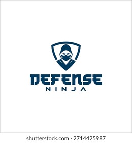 Icono geométrico azul oscuro de la cabeza del ninja dentro de un emblema protector del escudo