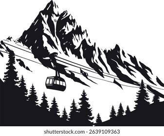 A bold, dark blue silhouette of mountains, pine trees, and a gondola contrasts sharply against a clean white background.