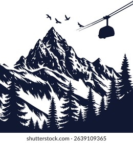 A bold, dark blue silhouette of mountains, pine trees, and a gondola contrasts sharply against a clean white background.