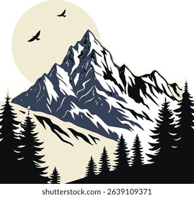 A bold, dark blue silhouette of mountains, pine trees, and a gondola contrasts sharply against a clean white background.