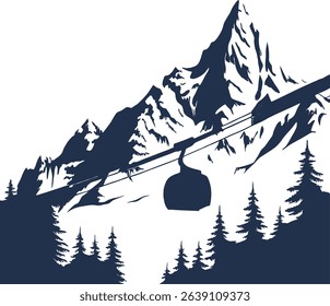 A bold, dark blue silhouette of mountains, pine trees, and a gondola contrasts sharply against a clean white background.