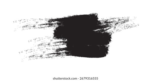 Un trazo de pincel oscuro y audaz con bordes texturizados, que muestra una distribución desigual de pigmentos y marcas de pincel visibles.
