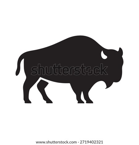 A bold, dark silhouette of a bison is prominently displayed against a white backdrop.