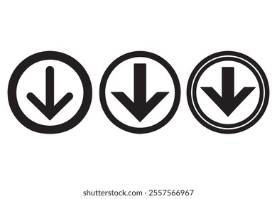 A bold, dark silhouette of a downward arrow, symbolizing navigation, downloads, or scrolling actions.