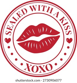 Un atrevido diseño de sello de San Valentín con labios rojos dentro de un sello circular clásico para papelería romántica, cartas de amor, pegatinas, empaques, tarjetas de felicitación, detalles de boda y diseños de San Valentín de inspiración vintage.