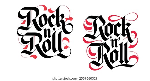 A bold and decorative graphic design featuring the words Rock 'n' Roll in a stylized, elaborate font.