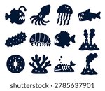 Bold Deep Sea Creature Icon Set with Anglerfish Squid Jellyfish Piranha Isopod Coral and Hydrothermal Vent Symbols