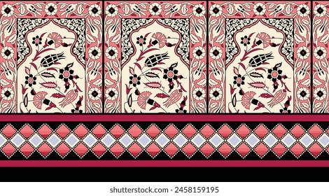 Bold Design Art Digital Textile Design for Shirts and Dupatta Colorful Flowers and Ornaments Designs Shirt Design with Elegant Colors