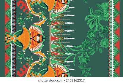 Bold Design Art Digital Textile Design for Shirts and Dupatta Colorful Flowers and Ornaments Designs Shirt Design with Elegant Colors