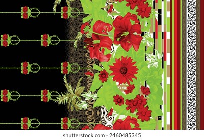 Arte de diseño audaz Diseño textil digital para camisas y Dupatta Colorido Flores y ornamentos Diseños Diseño de camisetas con Colores elegantes