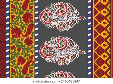 Bold Design Art Digital Textile Design for Shirts and Dupatta Colorful Flowers and Ornaments Designs Shirt Design with Elegant Colors