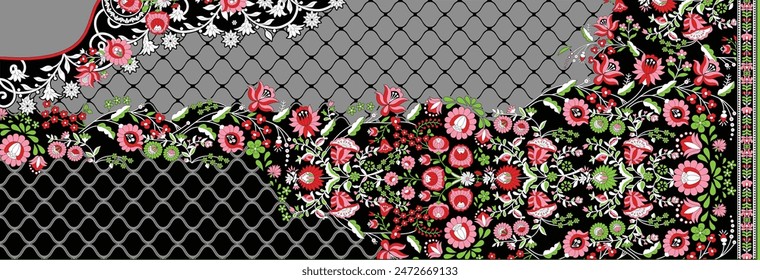 Bold Design Art Digital Textile Design for Shirts and Dupatta Colorful Flowers and Ornaments Designs Shirt Design with Elegant Colors