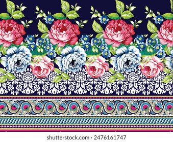 Bold Design Art Digital Textile Design for Shirts and Dupatta Colorful Flowers and Ornaments Designs Shirt Design with Elegant Colors