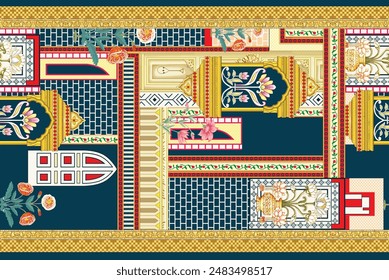 Bold Design Art Digital Textile Design for Shirts and Dupatta Colorful Flowers and Ornaments Designs Shirt Design with Elegant Colors