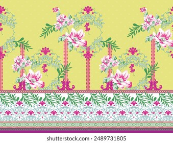 Bold Design Art Digital Textile Design for Shirts and Dupatta Colorful Flowers and Ornaments Designs Shirt Design with Elegant Colors