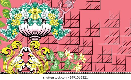 Bold Design Art Digital Textile Design for Shirts and Dupatta Colorful Flowers and Ornaments Designs Shirt Design with Elegant Colors