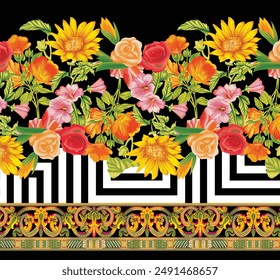 Bold Design Art Digital Textile Design for Shirts and Dupatta Colorful Flowers and Ornaments Designs Shirt Design with Elegant Colors