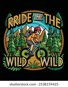 Bold design of a cyclist heading up a mountain, great for adventure seekers.

