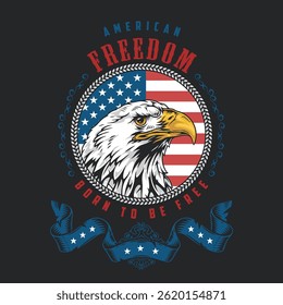 A bold design featuring a detailed eagle illustrating strength and freedom. The background consists of the American flag showcasing patriotic colors and symbols.