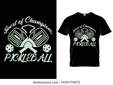 Bold design featuring a dynamic pickleball player silhouette, surrounded by text declaring 'Pickleball: Sport of Champions.' Vibrant colors, eye-catching style.