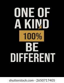 Bold design saying “One of a Kind – 100% Be Different.” Perfect for those who love to stand out and express unique style. Great for t-shirts, posters, or gifts to inspire confidence and individuality.
