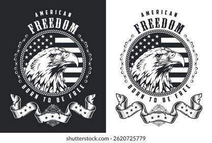 A bold design showcases an eagle with a majestic gaze surrounded by stars and stripes. The message emphasizes freedom and being born to be free reflecting patriotism.