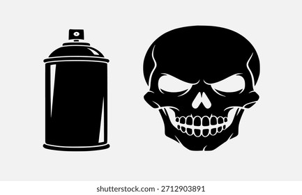 A bold design showcases a skull alongside a spray can, rendered in a striking black and white style.