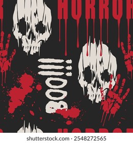 Ein gewagtes Design zeigt weiße Schädel und blutige Handabdrücke auf dunklem Hintergrund. Die auffällige Grafik ruft ein Gefühl des Schreckens hervor, ideal für Halloween oder thematische Dekorationen.