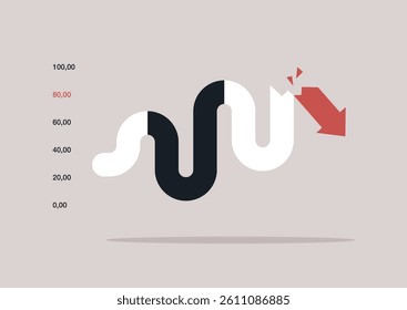 Bold design shows a graph with a crashing arrow, symbolizing a sudden market drop, The artistic depiction highlights analysis data and unexpected declines, creating visual intrigue