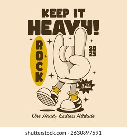 Bold design with walking hand character and retro rock energy