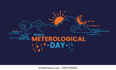 A bold design for World Meteorological Organization (WMO) Day, featuring vibrant weather symbols such as the sun, clouds, rain, and wind, symbolizing the importance of global weather awareness.