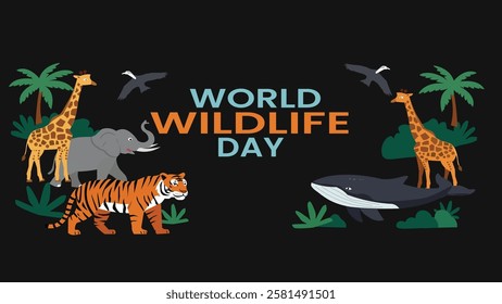 A bold design for World Wildlife Day featuring animals like giraffes, elephants, tigers, birds, and a whale, set against a lush, natural backdrop. 