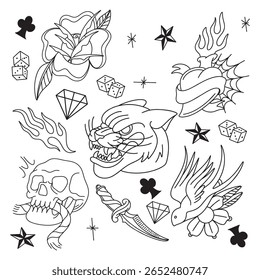 A bold and detailed outlined tattoo flash vector featuring classic ink motifs presented in clean linework. This versatile collection includes traditional tattoo elements such as daggers, roses, skulls