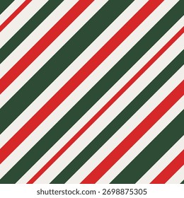 Padrão de listras diagonais negrito em vermelho vibrante, branco nítido e verde profundo, Natal retro ou tema festivo, repetição sem costura para têxteis e papel de embrulho.