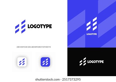 Bold diagonal stripes creating geometric shapes letter A logo for technology, finance, banking, cryptocurrency, corporate branding, architecture, construction, real estate. Vector illustration