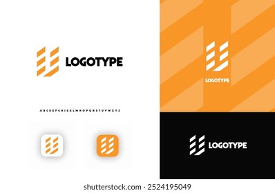 Bold diagonal stripes creating geometric shapes letter U logo for technology, finance, banking, cryptocurrency, corporate branding, architecture, construction, real estate. Vector illustration