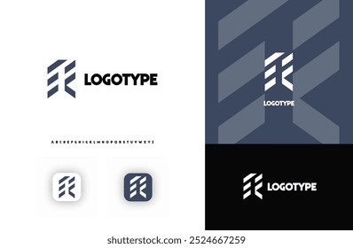 Bold diagonal stripes creating geometric shapes letter R logo for technology, finance, banking, cryptocurrency, corporate branding, architecture, construction, real estate. Vector illustration