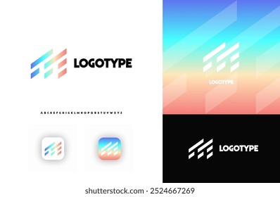 Bold faixas diagonais criando formas geométricas letra M logotipo para tecnologia, finanças, bancos, criptomoeda, marca corporativa, arquitetura, construção, imobiliário. Ilustração vetorial