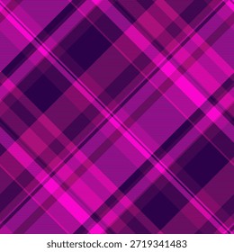 Patrón de tartán diagonal audaz en magenta vibrante y púrpura profundo. Ideal para moda, textiles, fondos y proyectos de diseño moderno. Textura energética y llamativa.