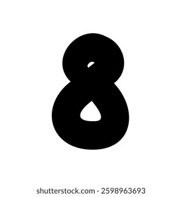 Bold digit number eight 8. Black font symbol in hand drawn doodle style. Vector illustration isolated on white background. For menu, presentation, branding, font, education, math.