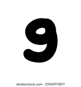 Bold digit number nine 9. Black font symbol in hand drawn doodle style. Vector illustration isolated on white background. For menu, presentation, branding, font, education, math.