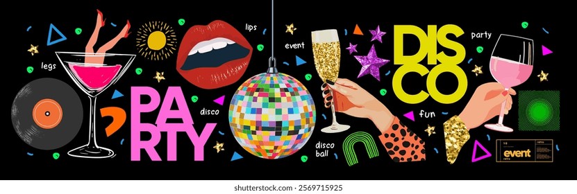 Bold disco party illustration with vibrant elements like a disco ball, lips, cocktails, vinyl record, and glittering stars. Perfect for event poster and retro designs